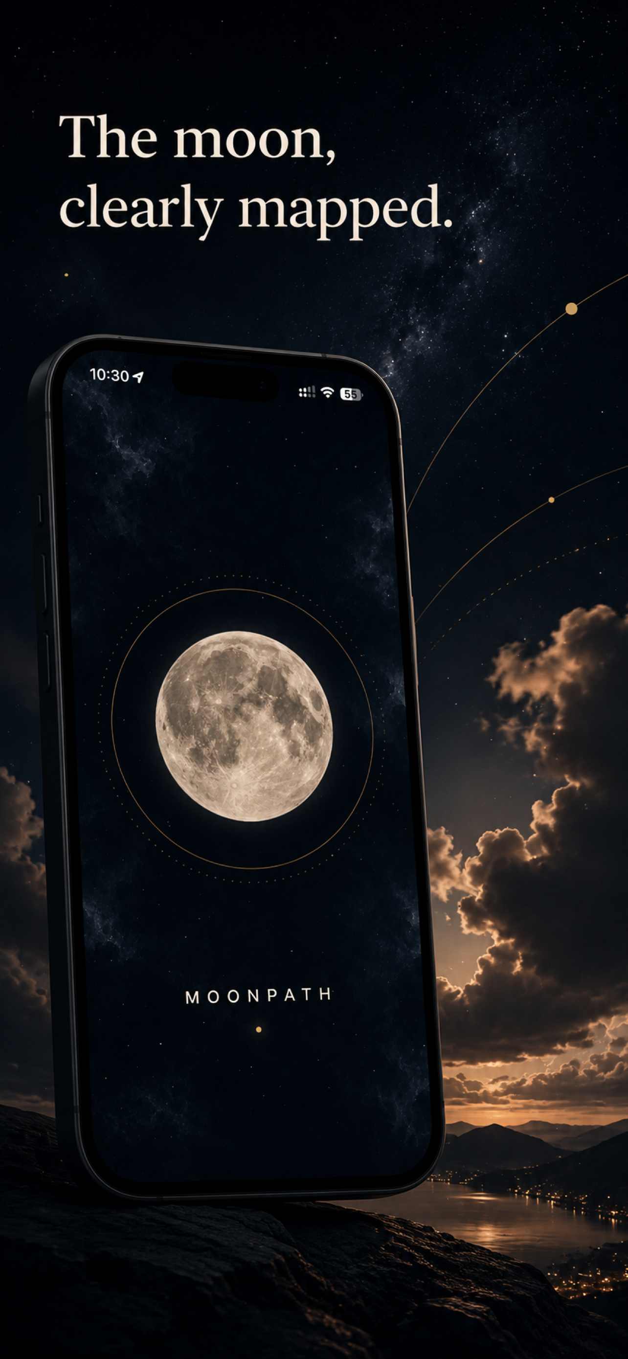 MoonPath opening screen with a detailed Moon