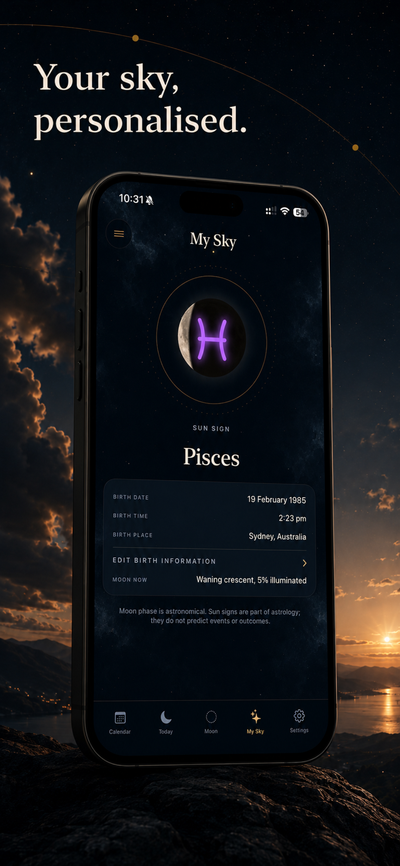 MoonPath My Sky screen with optional Pisces personalisation