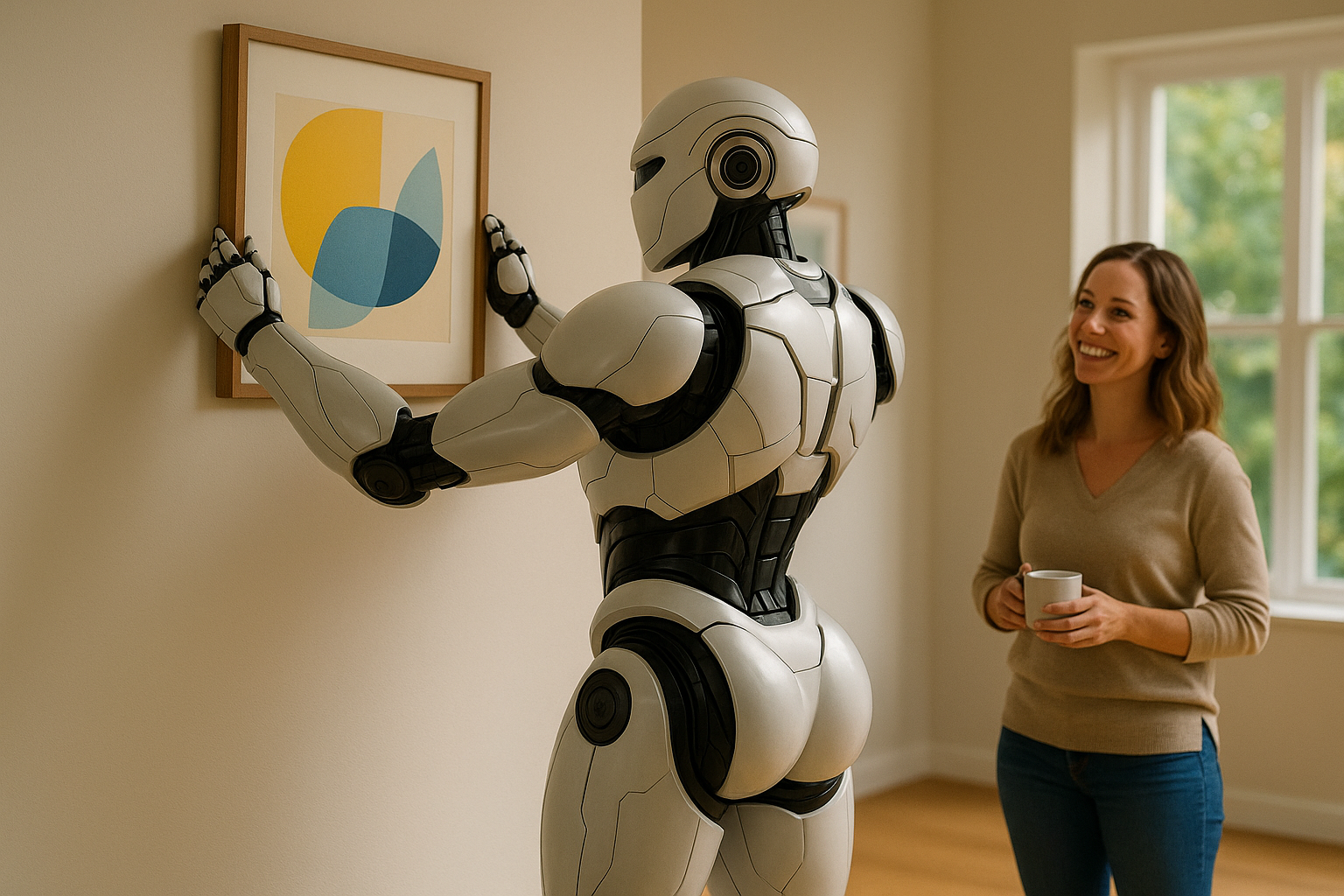 GeniusOne AI Companion hanging a picture for a smiling woman.