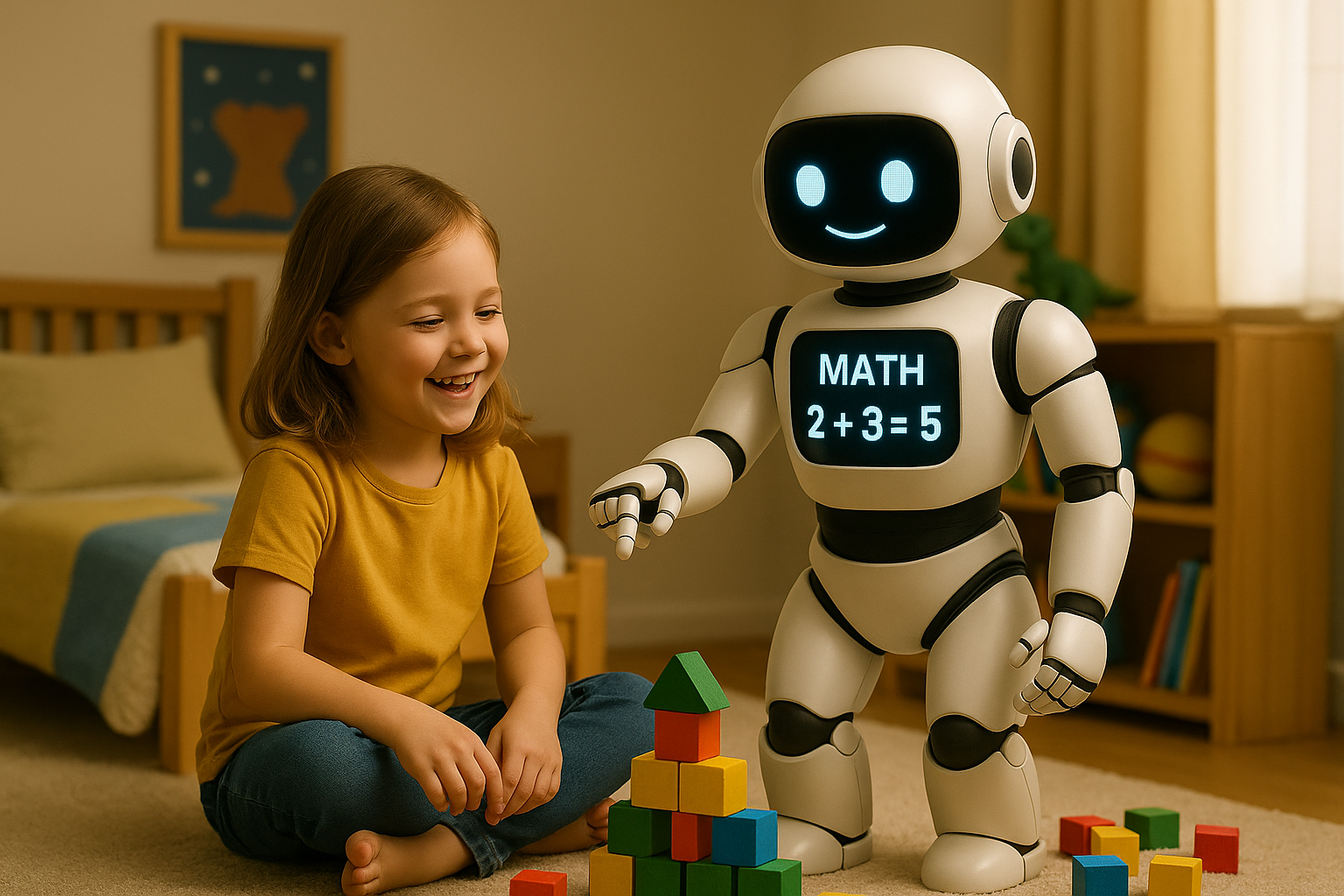 Brightmind tutor robot in a colorful child's bedroom.