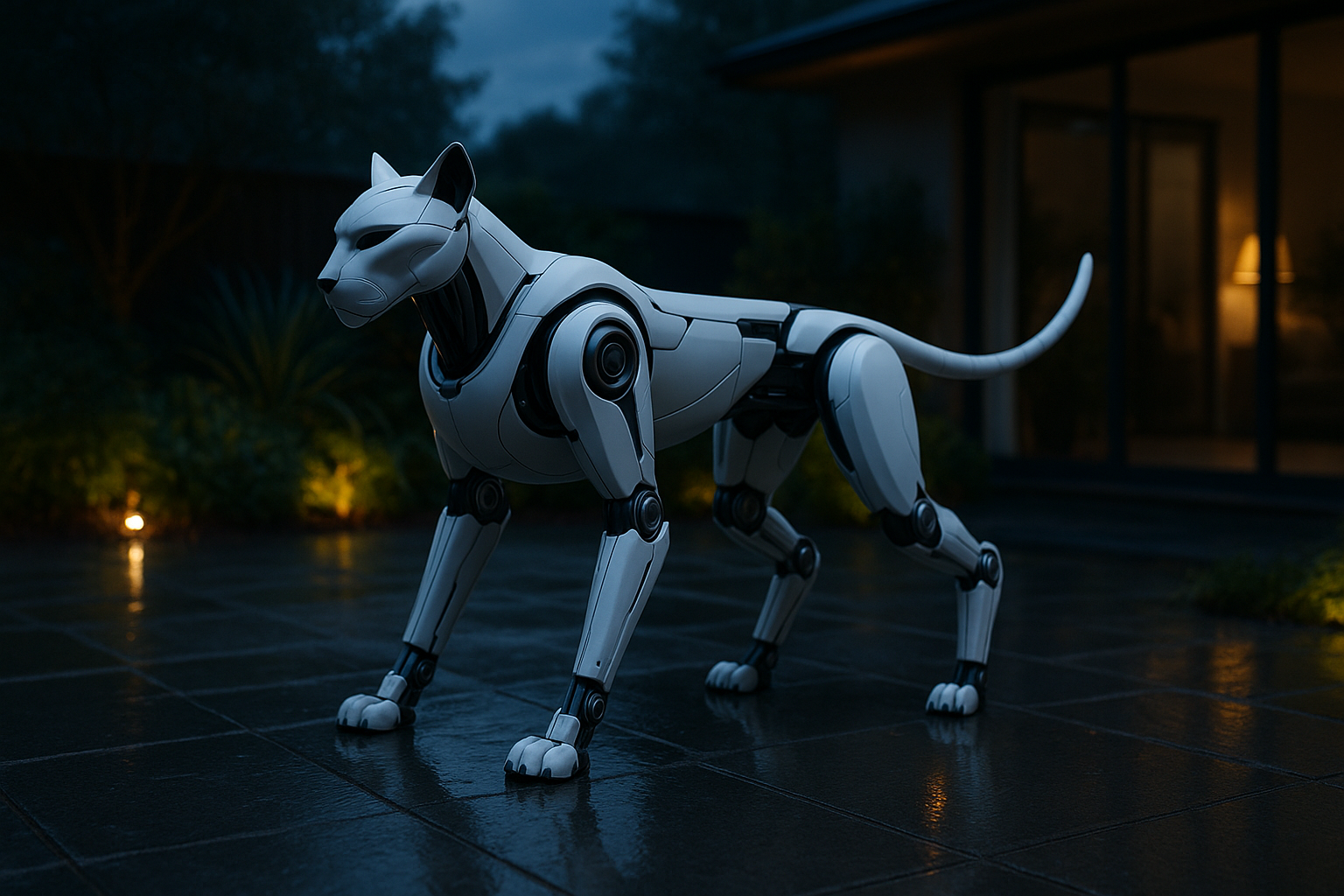 Sentinel Lynx robotic guard patrolling a wet patio at dusk.