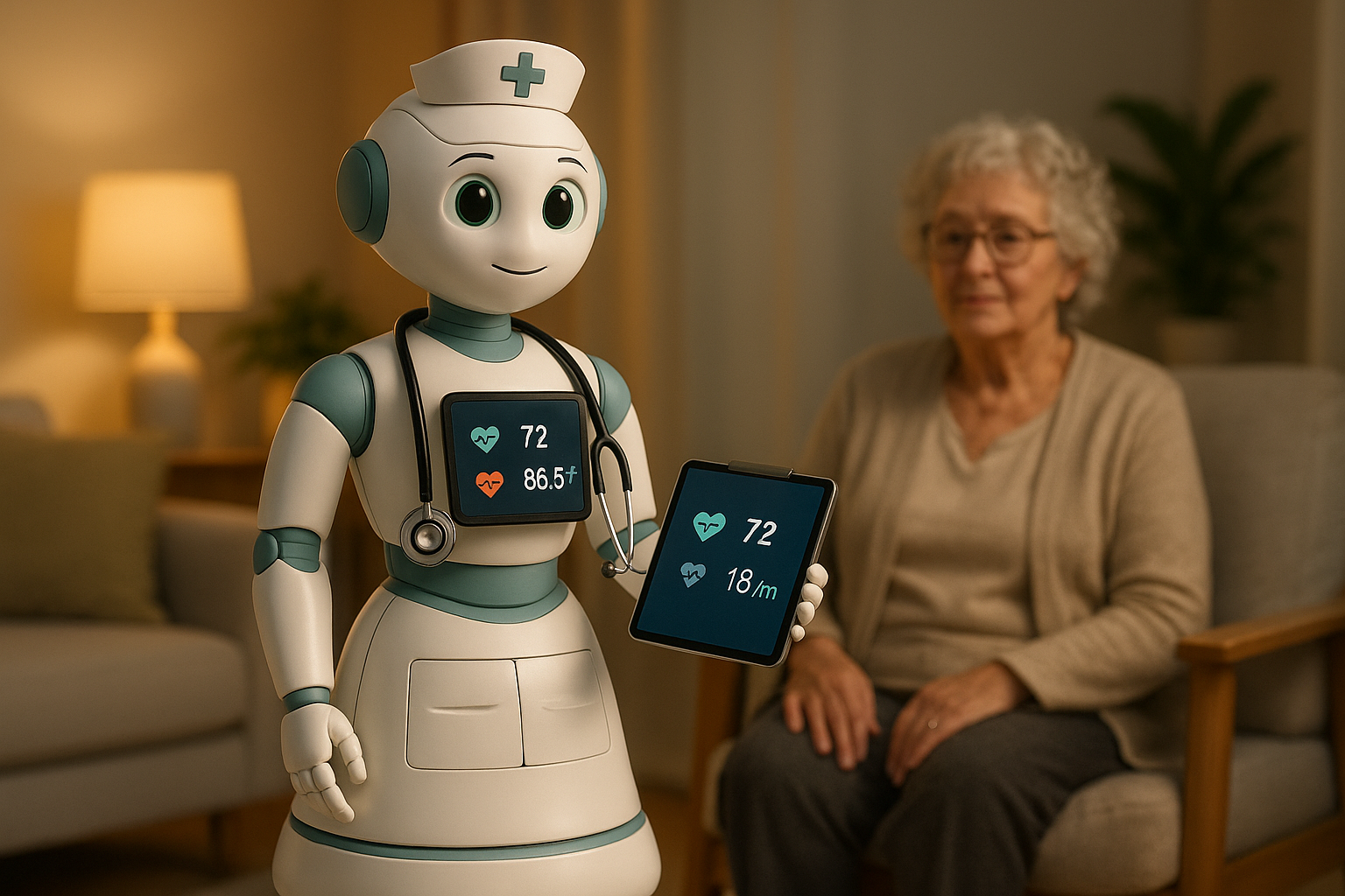 Caro elder care robot assisting an elderly woman with her vitals.