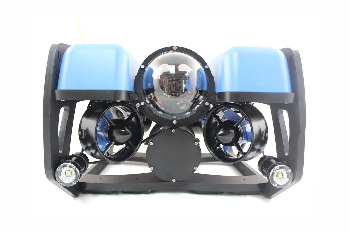 Blue Robotics BlueROV2 underwater remotely operated vehicle in a front view from the manufacturer media kit.