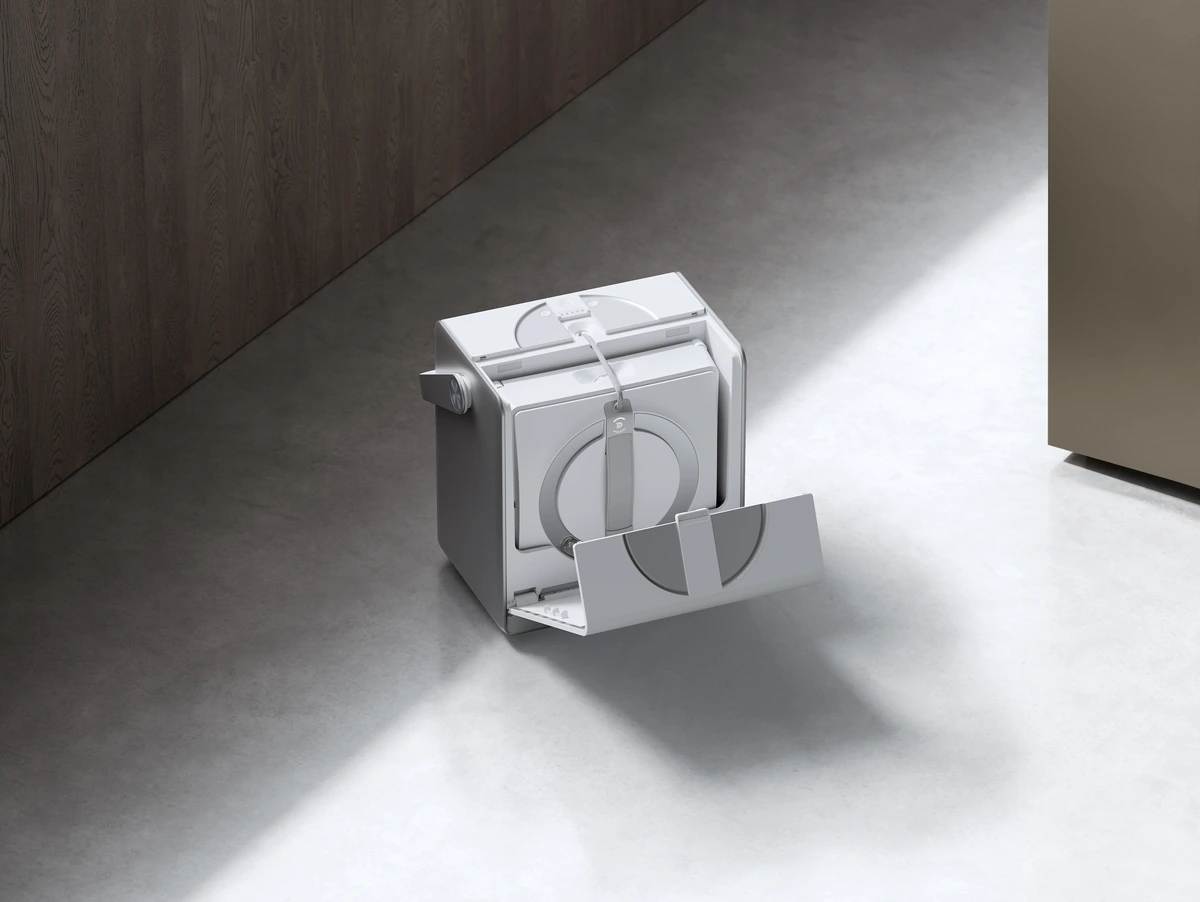ECOVACS WINBOT W2 PRO OMNI window-cleaning robot stored inside its open portable station.