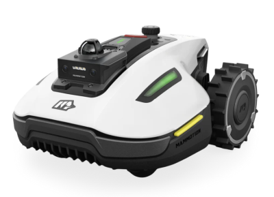 MAMMOTION YUKA mini 2 1000 robotic mower with LiDAR sensor and large rear wheels, shown in a three-quarter view.