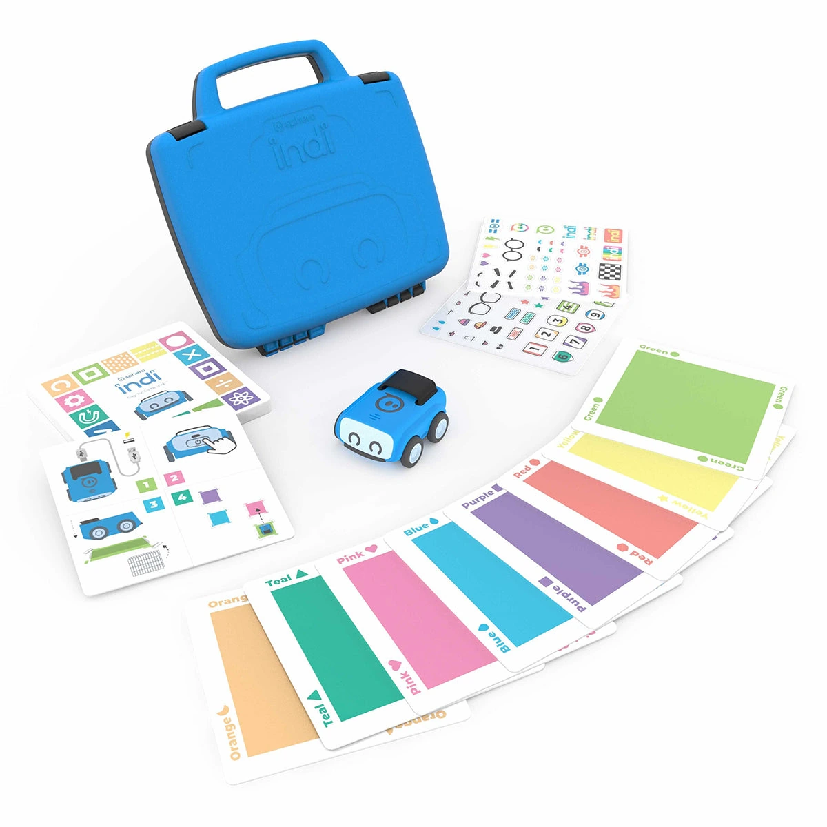 One blue Sphero indi coding robot with a carrying case and colour tiles.