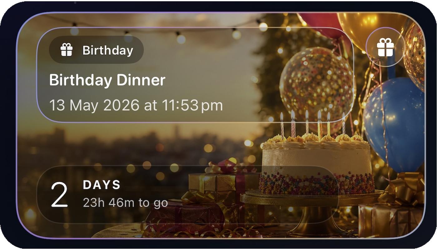 Next Up Birthday Dinner countdown widget.